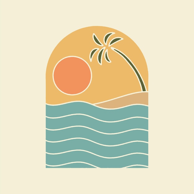 Vetor ilustração de praia forma gráfica design tropical insígnia de sol logotipo de palma onda