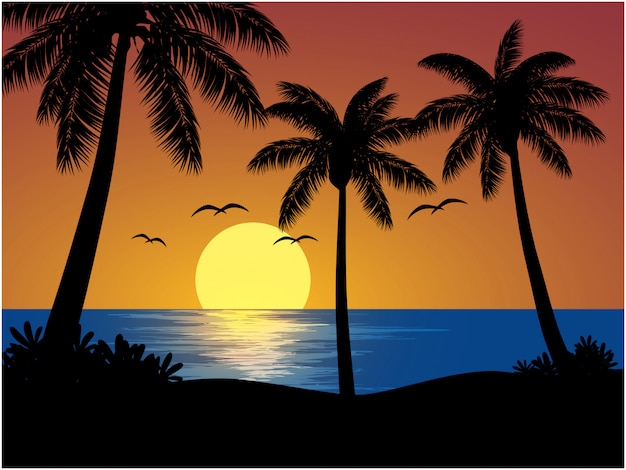 Vetor ilustração de praia tropical com pôr do sol