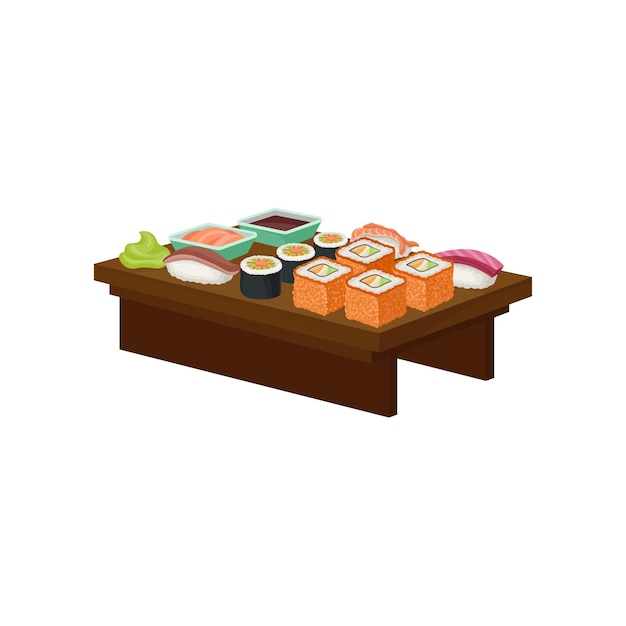Ilustração de prato de madeira com diferentes rolos de sushi wasabi e pequenas tigelas com molhos tema de comida asiática Design gráfico para menu de café Ícone vetorial plano colorido isolado em fundo branco