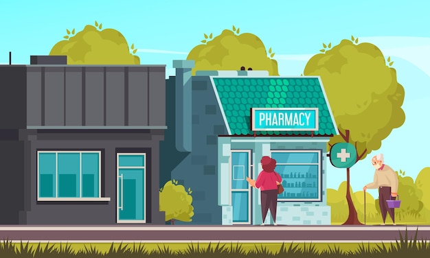 Ilustração de prédio de farmácia com loja de remédios