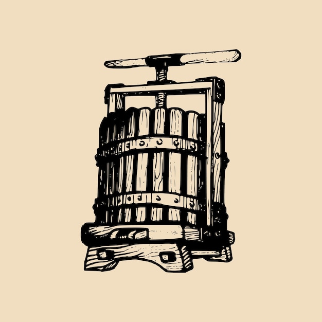 Vetor ilustração de prensa de vinho logotipo de bebidas alcoólicas em vetor elemento de vinificação esboçado à mão em estilo gravado