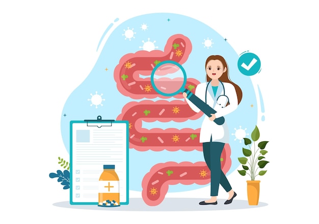 Ilustração de proctologista ou colonoscopia com um médico examinando o cólon em modelos desenhados à mão