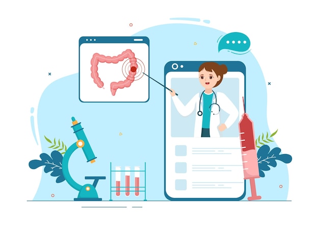 Ilustração de proctologista ou colonoscopia com um médico examinando o cólon em modelos desenhados à mão
