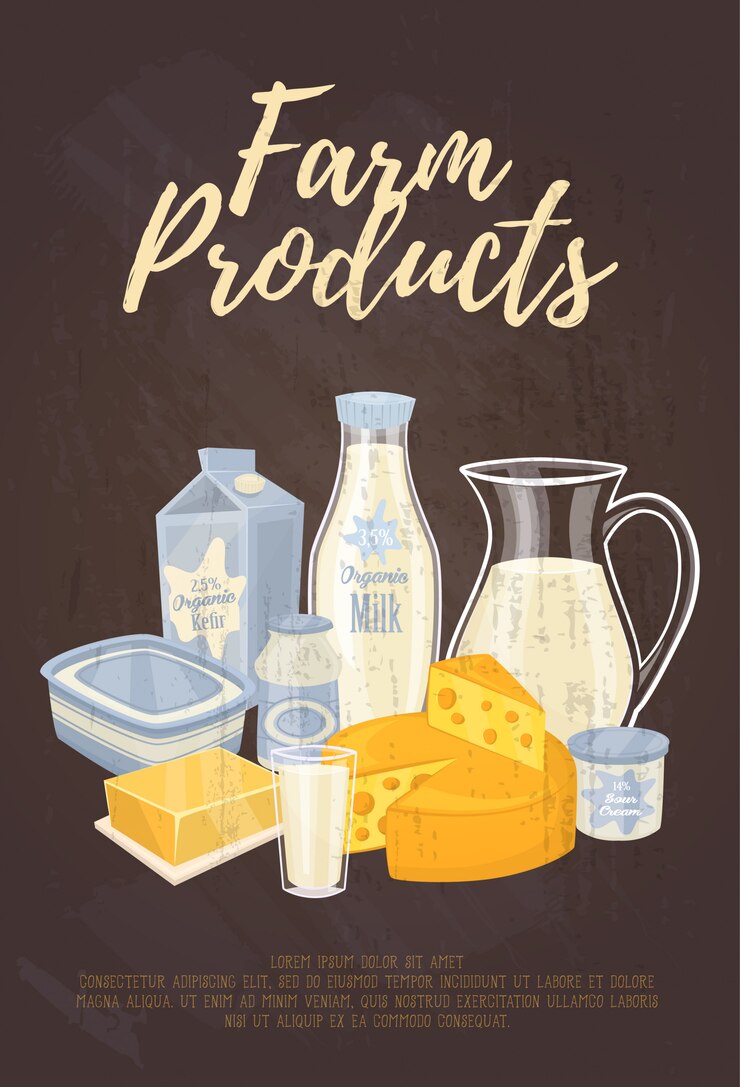 Vetor ilustração de produtos agrícolas com modelo de texto com composição de laticínios