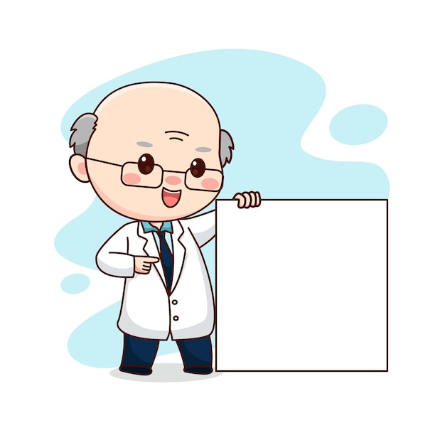 Ilustração de professor ou cientista segurando o design de personagem de desenho animado kawaii chibi de placa em branco