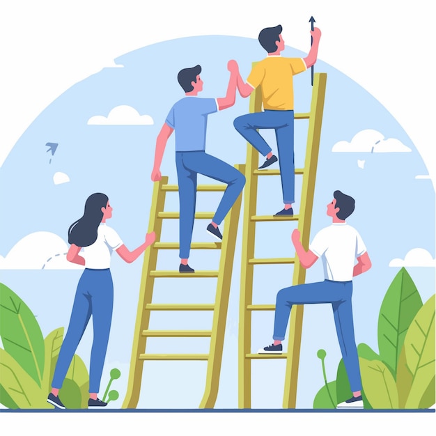 Ilustração de projeto plano conceito de trabalho em equipe subindo escadas