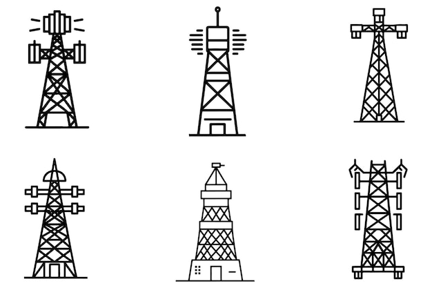 Ilustração de projeto vetorial de conjunto de torres elétricas em fundo branco