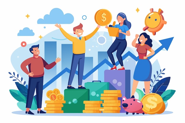 Ilustração de quatro empresários diversos celebrando o sucesso com moedas de ouro uma grande moeda e uma flecha apontando para a prosperidade