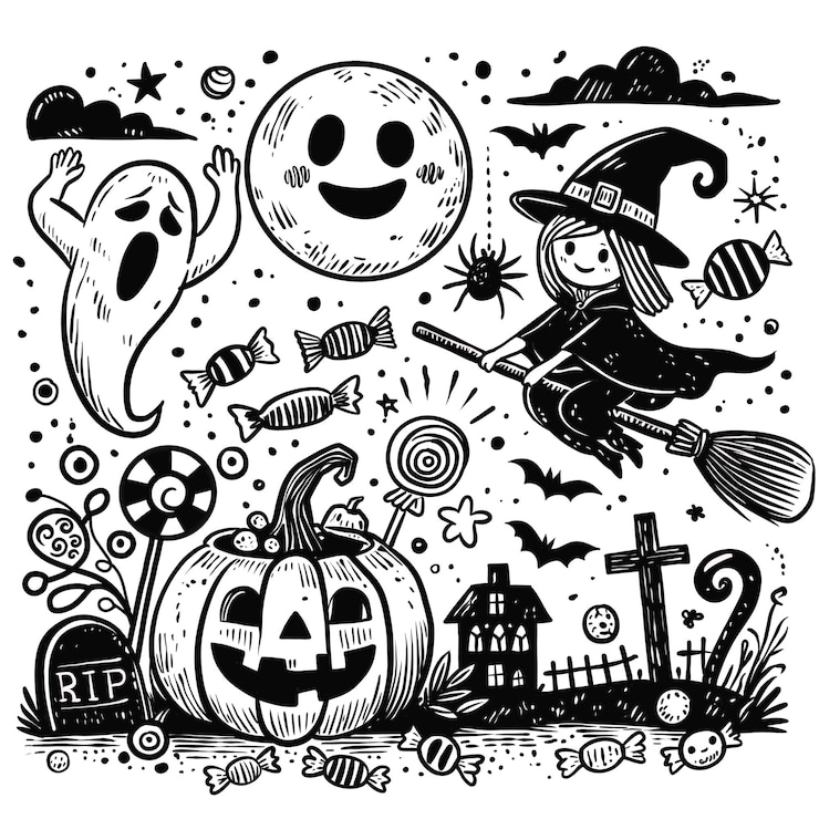 Vetor ilustração de rabiscos de halloween com bruxa em vassoura fantasma abóbora e doces em preto e branco