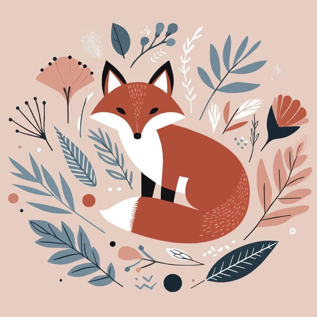 Ilustração de raposa com elementos da natureza