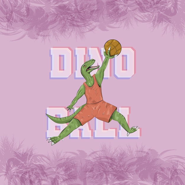 Ilustração de raptor de dinossauro verde joga basquete no fundo rosa