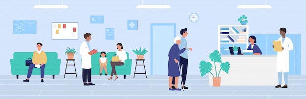 Ilustração de recepção de hospital, personagens de desenhos animados esperando consulta médica, plano de fundo de consultório de medicina