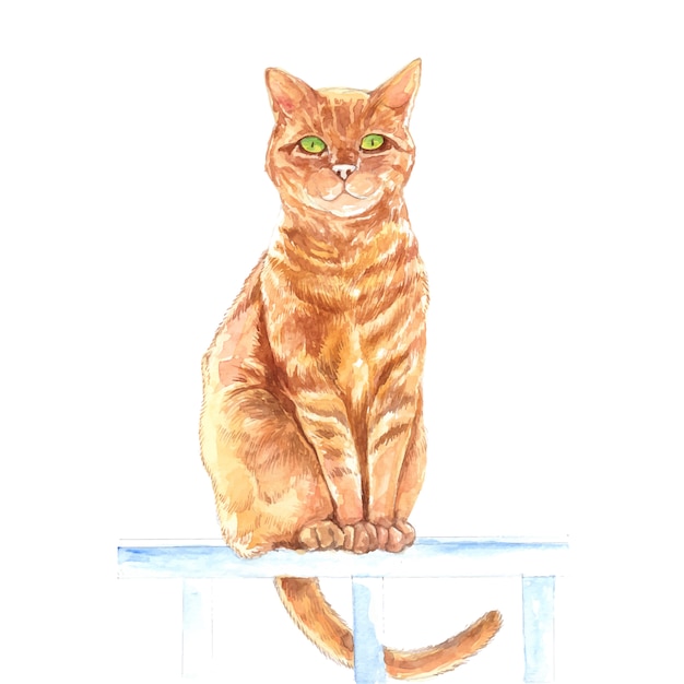 Ilustração de retrato em aquarela de gato em pé