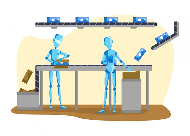 Vetor ilustração de robô e pessoas, máquina de desenho animado, trabalhando na correia transportadora, embalando produtos de transportador em branco