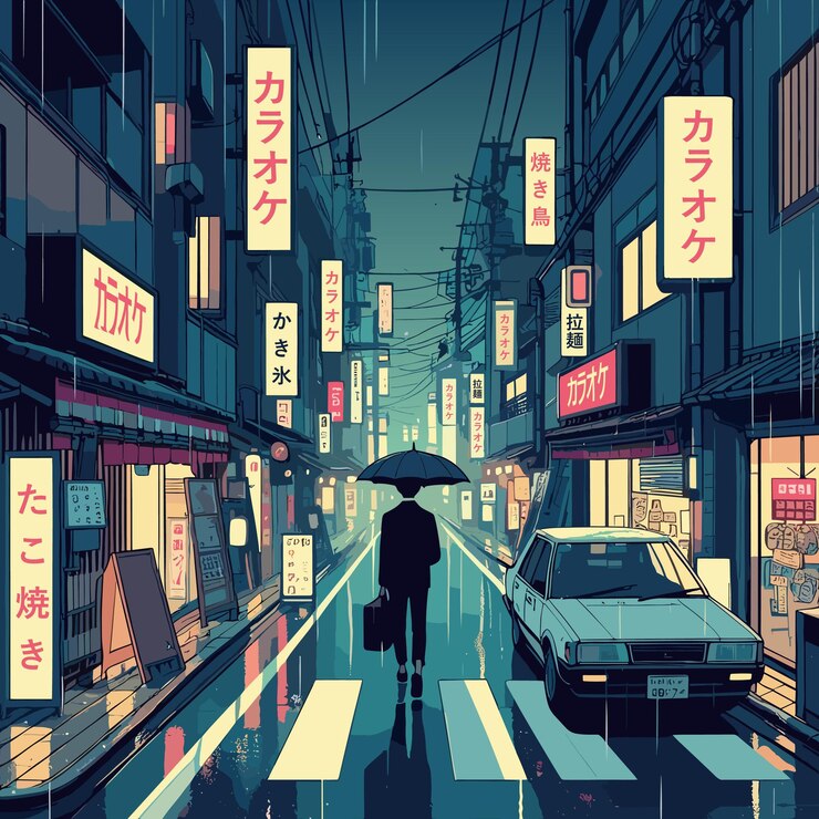 Vetor ilustração de ruas de tóquio, post de estilo anime de paisagem urbana