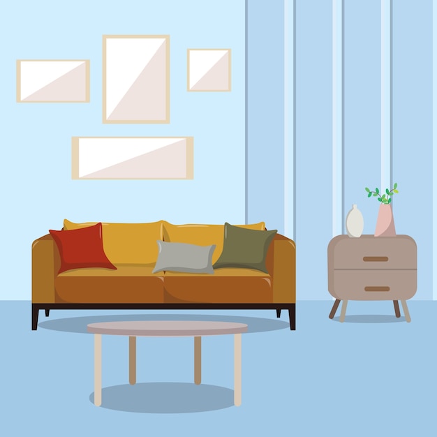 Ilustração de sala de estar interior sofá marrom papel de parede azul para padrão de fundo