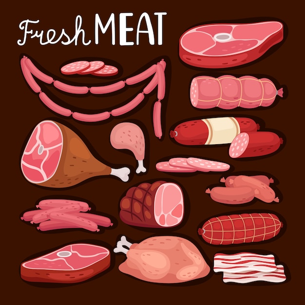 Ilustração de salsichas. Carne fresca e lingüiça cozida, salame e frango, lombo de porco fatiado cru e presunto cozido para refeições de churrasco e compras gourmet