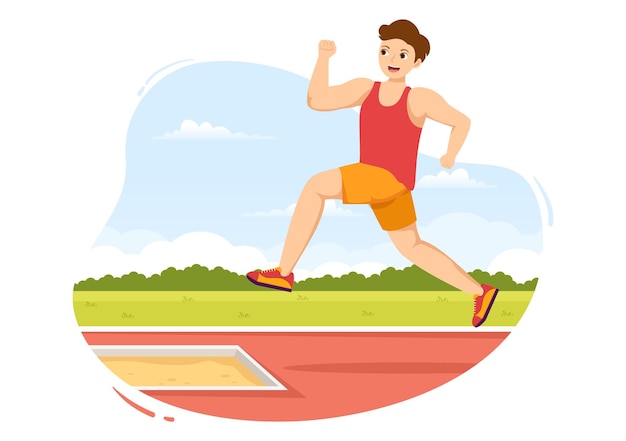 Ilustração de salto em distância com atleta fazendo saltos em poço de areia para página inicial no campeonato esportivo