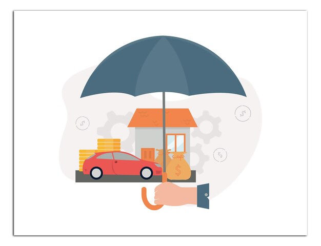 Vetor ilustração de seguro de uma mão segurando um guarda-chuva sob o qual uma casa um carro pilhas de moedas um saco de dinheiro no fundo de engrenagens e sinais de dólar