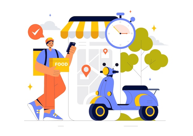 Ilustração de serviço de entrega de alimentos com encomenda de alimentos on-line através de um aplicativo móvel e entrega rápida para o seu local preferido em segundo plano