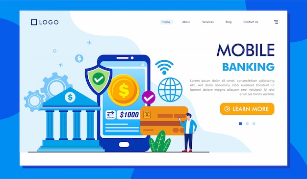 Ilustração de site de página de destino de banco móvel