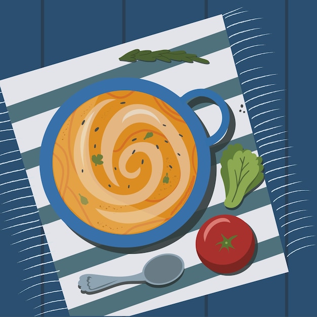 Ilustração de sopa de puré e vegetais frescos por flat lay