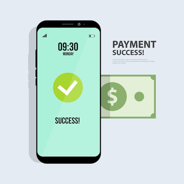 Vetor ilustração de sucesso de pagamento de transferência de dinheiro online vetor pagamento por dinheiro usando smartphone