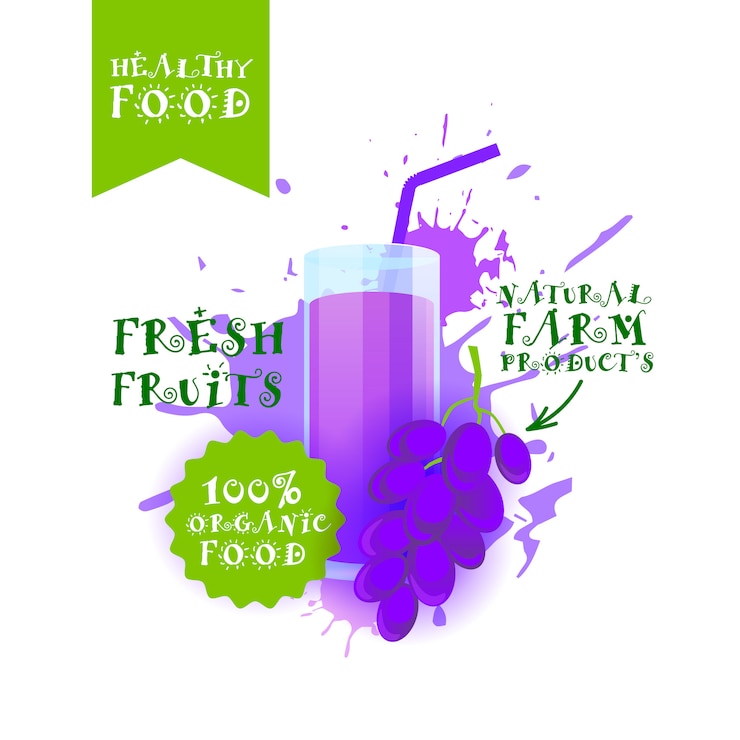 Vetor ilustração de suco de uva fresca etiqueta de produtos de fazenda natural de comida sobre respingo de tinta