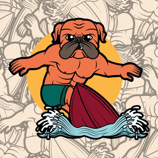 Ilustração de surf de cachorro pug fofo