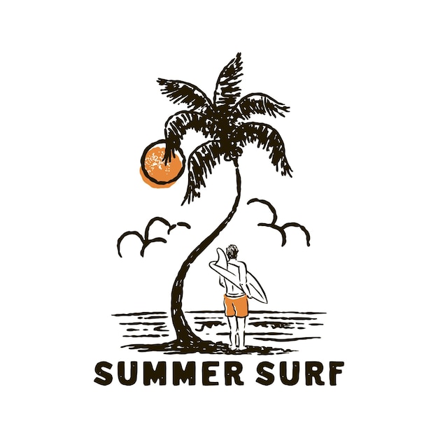 Vetor ilustração de surf praia gráfico design de palmeira ondas emblema sol vintage paisagem tropical