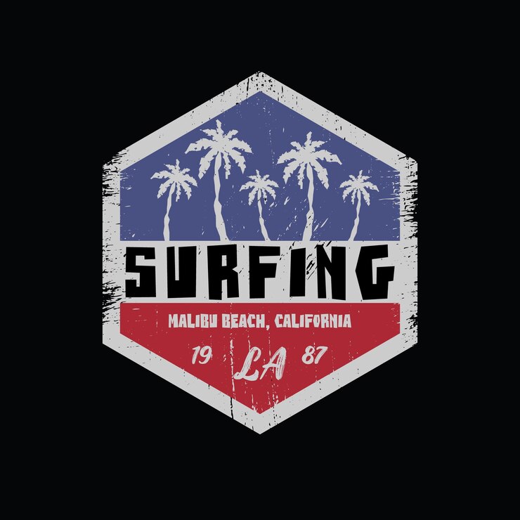 Vetor ilustração de surfe e surfe na califórnia malibu design vintage tipografia gráficos de camiseta