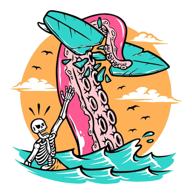 Ilustração de surfista de ataque de polvo