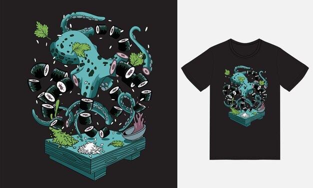 Vetor ilustração de sushi de polvo com vetor premium de design de camiseta