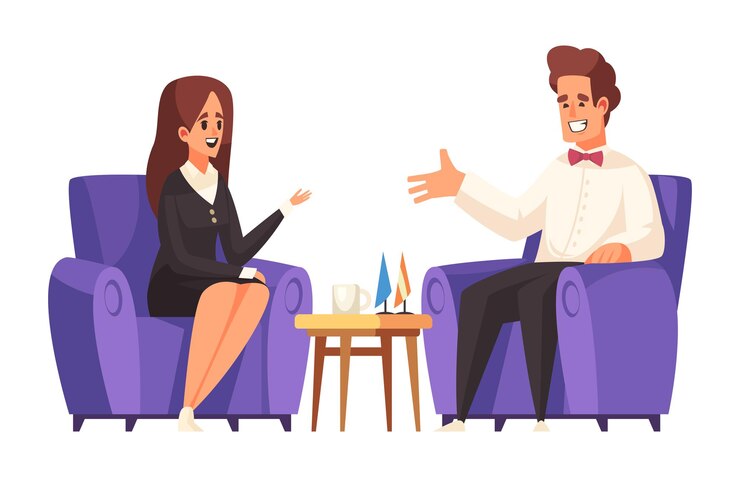 Ilustração de talk show político com personagens de mulher e homem conversando em poltronas