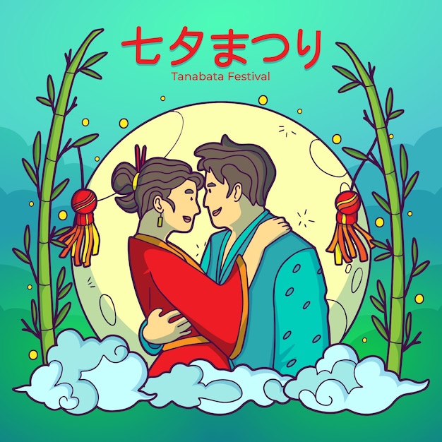 Vetor ilustração de tanabata desenhada à mão com casal