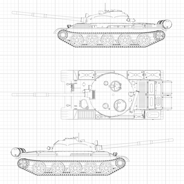 Vetor ilustração de tanque, máquina militar nas linhas de contorno em papel milimétrico