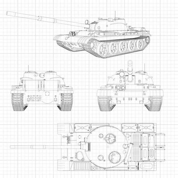 Vetor ilustração de tanque, máquina militar nas linhas de contorno em papel milimétrico