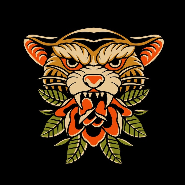 Ilustração de tatuagem da velha escola Design de tatuagem simples Tatuagem de cabeça de tigre