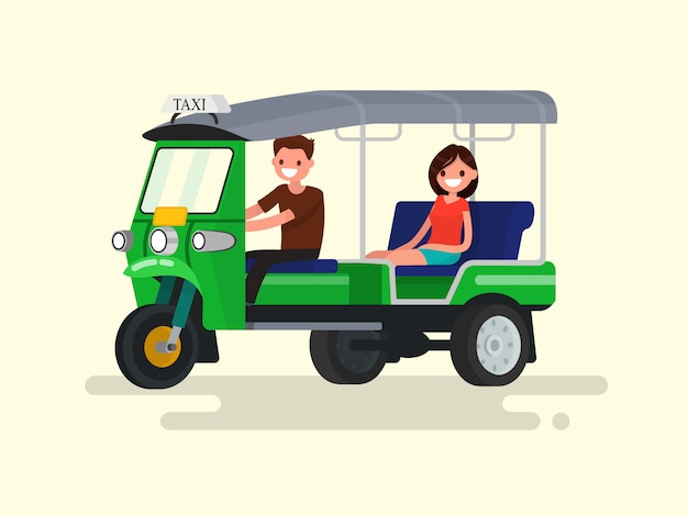 Ilustração de táxi de motorista e passageiro de três rodas tuk-tuk