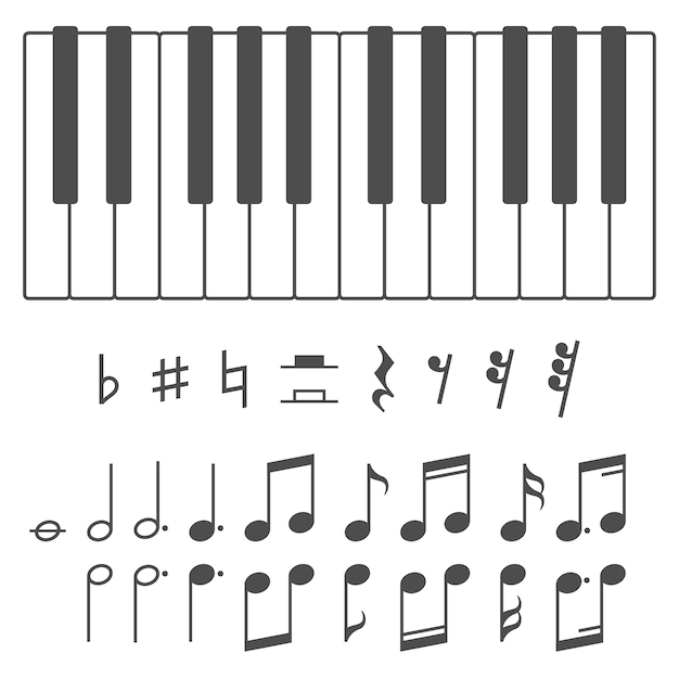 Ilustração de teclas e notas de piano