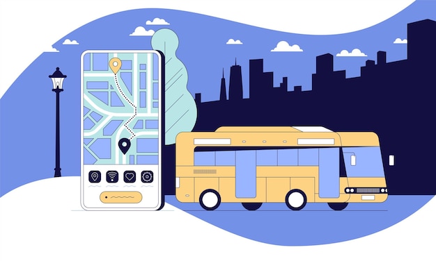 Ilustração de telefone móvel e autobus dos desenhos animados transporte público e navegação gps