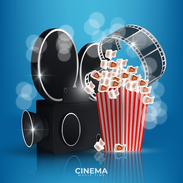 Ilustração de tempo de filme com pipoca, claquete, óculos 3d e película de filme.