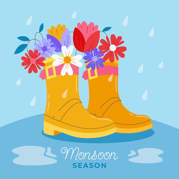 Ilustração de temporada de monção plana com botas de chuva e flores