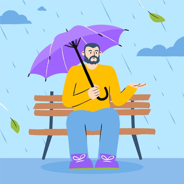 Vetor ilustração de temporada de monção plana com homem na chuva sentado no banco com guarda-chuva