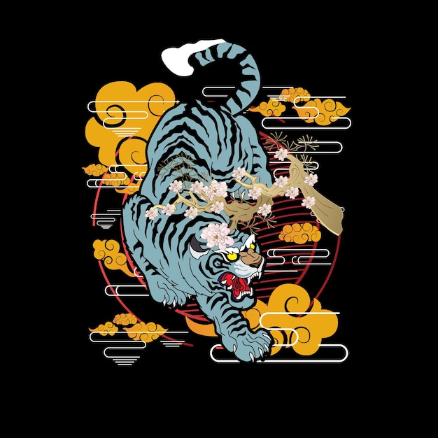 Ilustração de tigre com fundo de estilo japonês