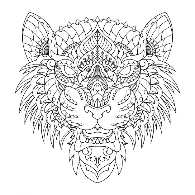 Vetor ilustração de tigre, mandala zentangle no livro de colorir estilo linear