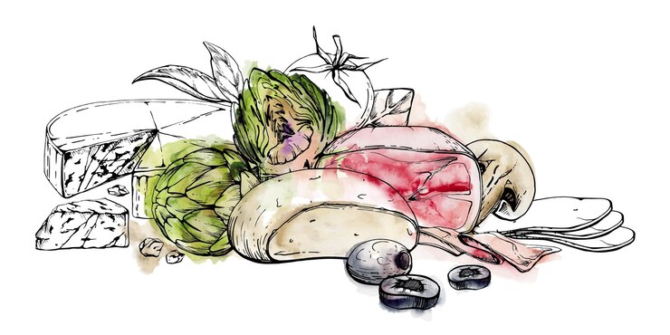 Vetor ilustração de tinta de aquarela desenhada à mão produtos frescos variedade de presunto queijo legumes cogumelos ervas composição isolada em branco design menu de restaurante cafeteria loja de alimentos pacote flyer impressão