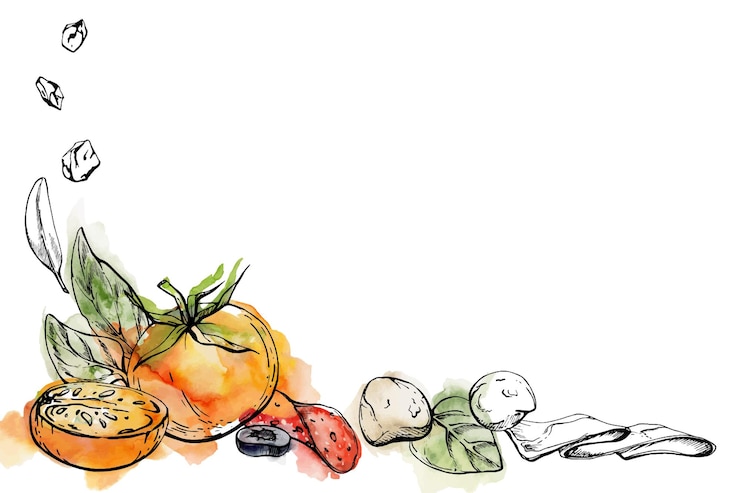 Vetor ilustração de tinta de aquarela desenhada à mão tomate pepperoni azeitona manjericão folhas de erva produtos frescos refeição quadro de canto isolado em branco impressão de menu de restaurante, cafeteria, loja de alimentos ou folheto de embalagem