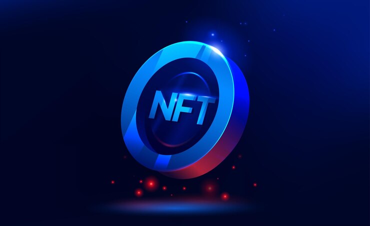 Vetor ilustração de token não fungível nft com luzes brilhantes vermelhas e azuis fundo azul escuro vector cryptocurrency