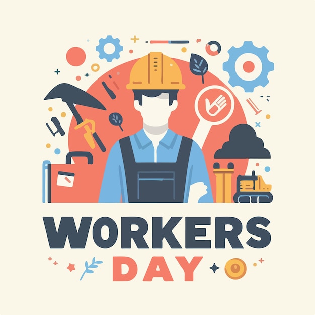 Ilustração de trabalhador com texto Dia dos Trabalhadores em estilo de design plano